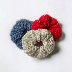 HANDMADE • crochet red blue and white sparkle scrunchie set